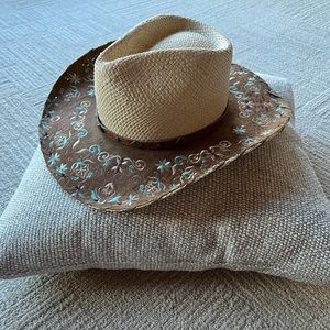 NWOT | Unique Boho Straw Cowgirl Hat with Brown & Turquoise Embellished Trim!